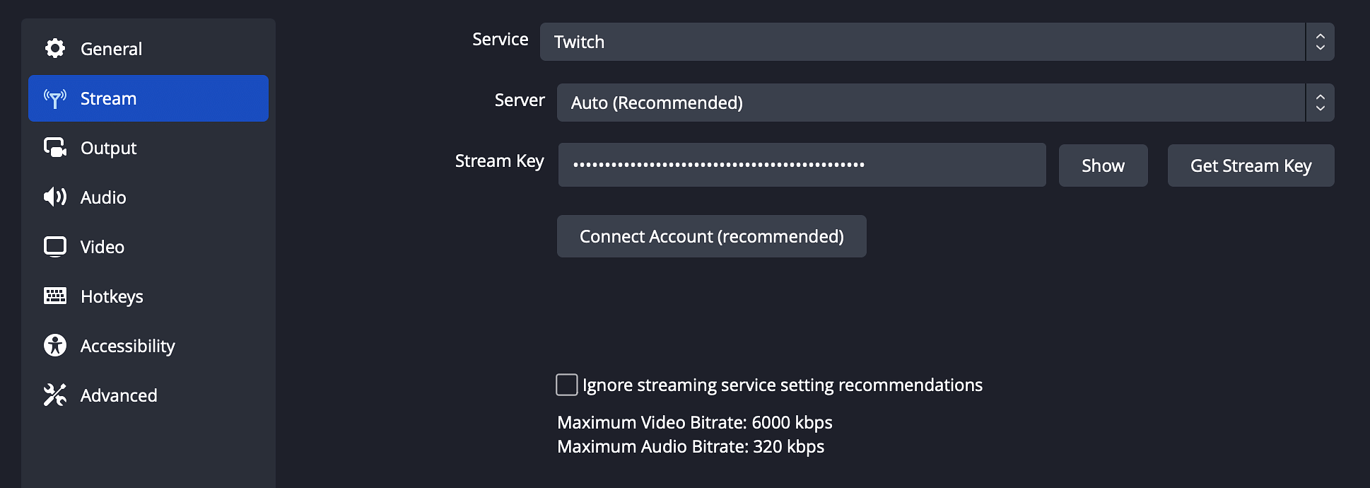Pasting Stream Key in OBS Stream Settings
