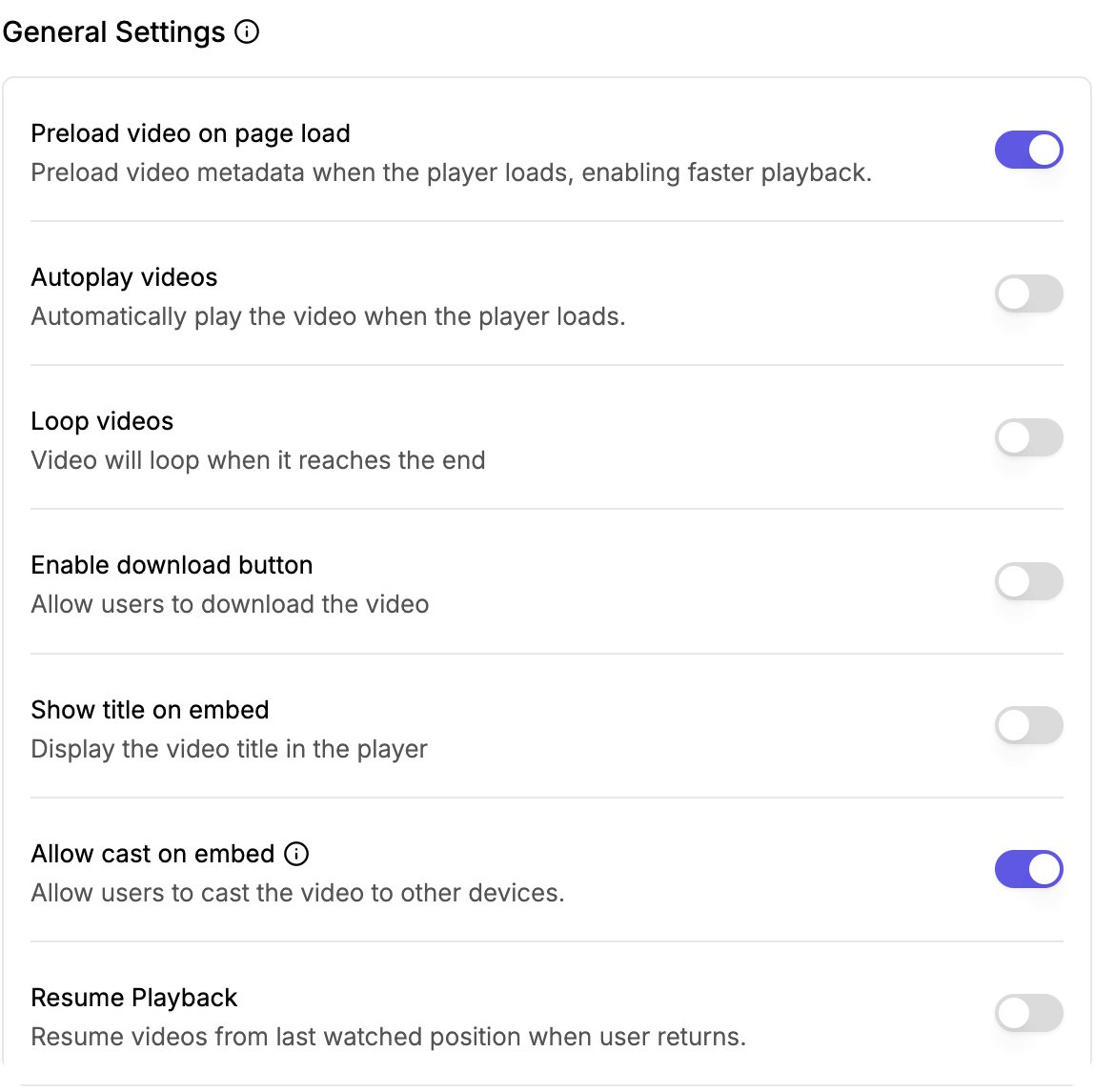 Access General settings to configure Preload videos, autoplay, loop and playback settings