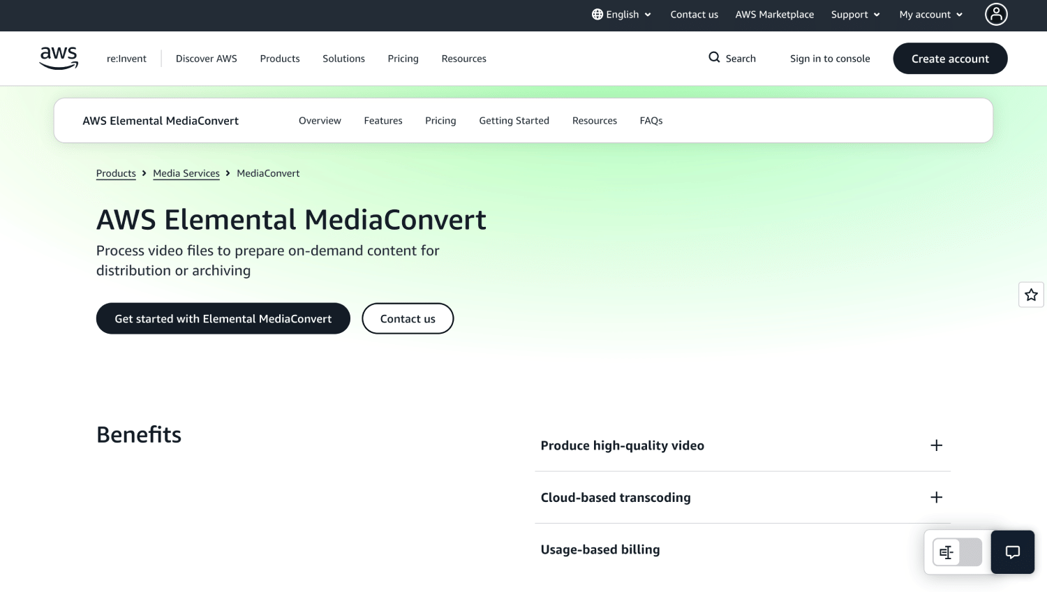 AWS Elemental MediaConvert webpage highlighting cloud-based video transcoding for preparing on-demand video content for distribution or archiving.