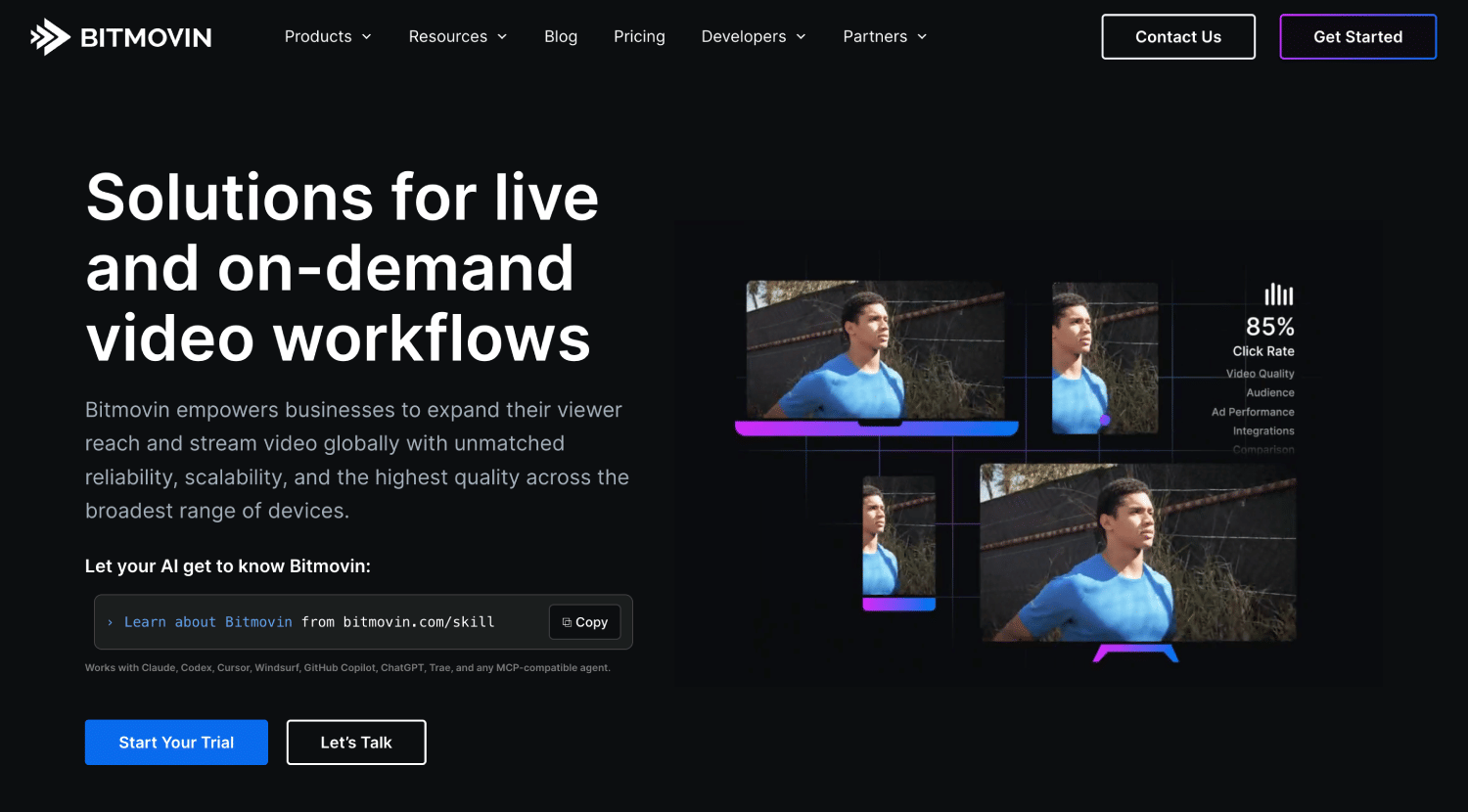 Bitmovin homepage highlighting solutions for live and on-demand video workflows, with multi-device video playback, analytics, and streaming performance features.