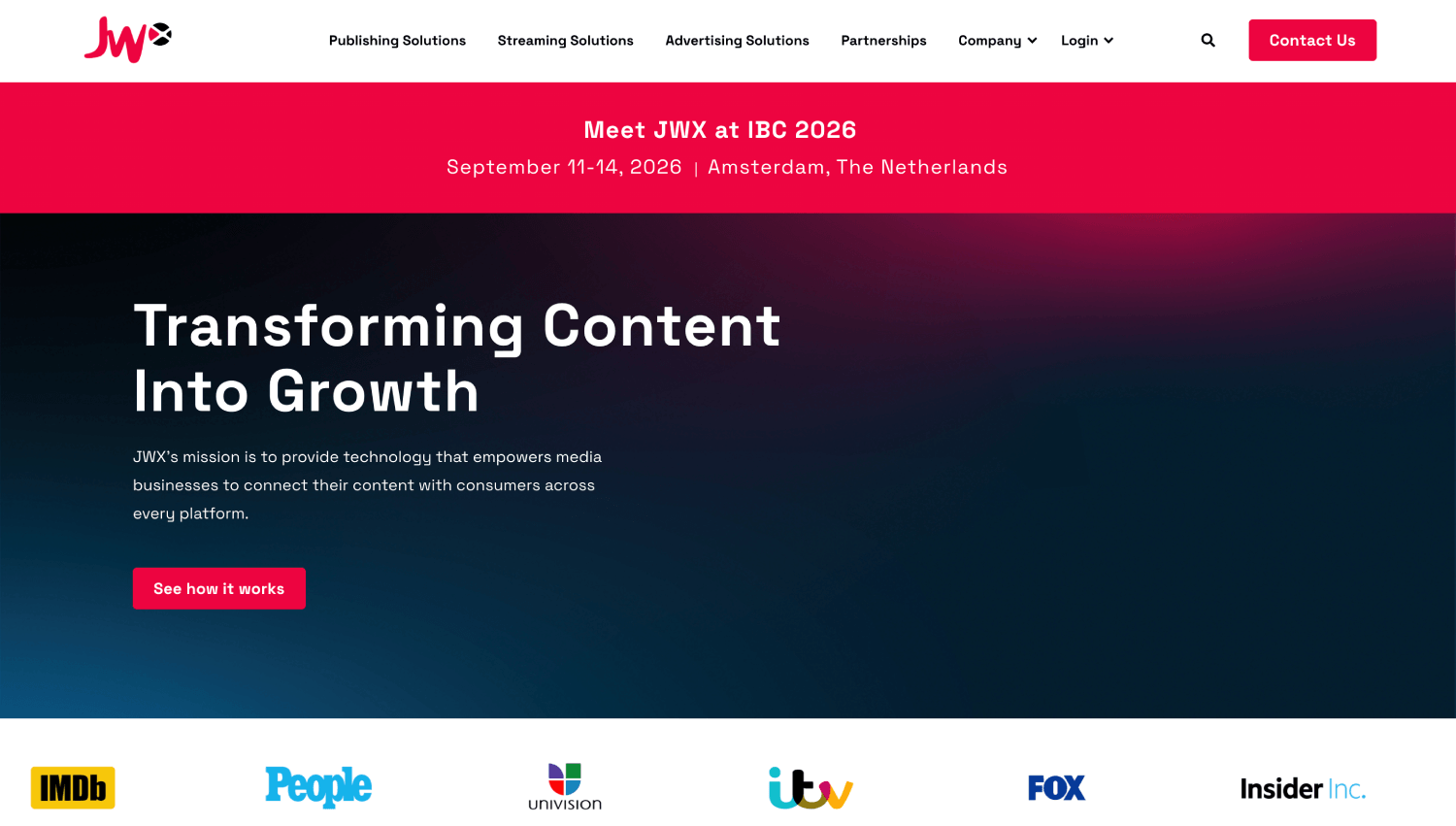 JWP Connatix homepage highlighting publishing, streaming, and advertising solutions for media companies, with customer logos including IMDb, People, Univision, ITV, FOX, and Insider.