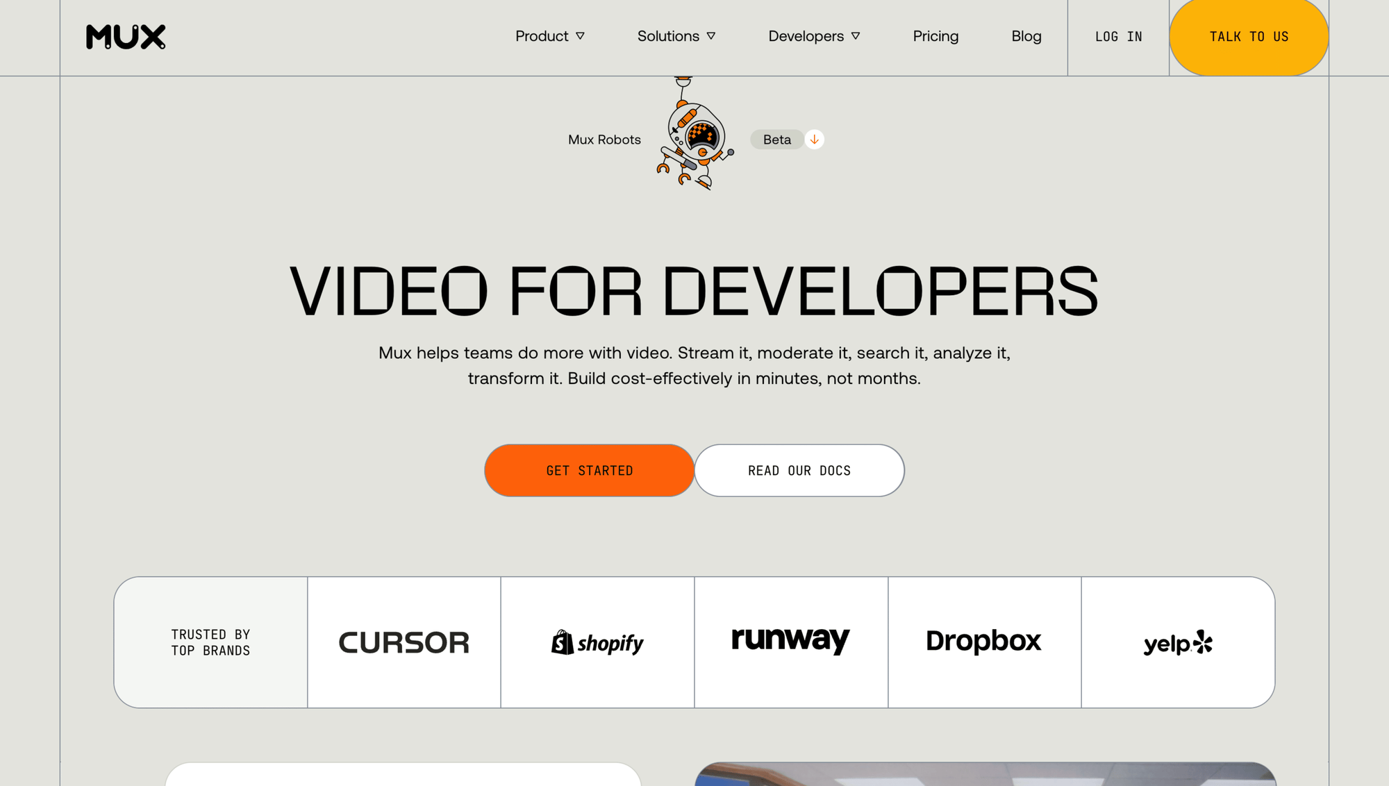 Mux video platform homepage featuring developer-focused video tools, navigation links, call-to-action buttons, and customer logos.