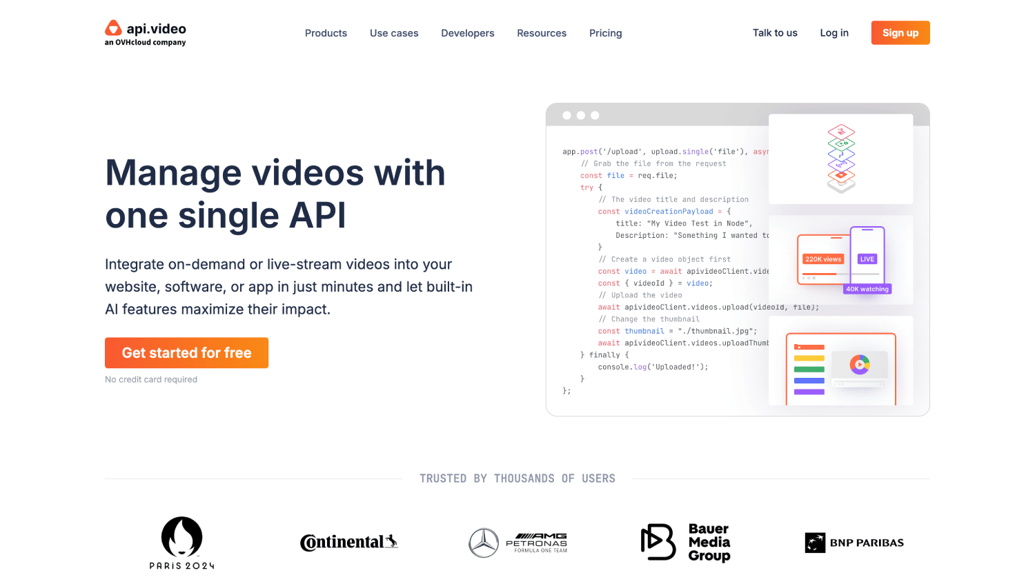 api.video homepage highlighting its single video API for managing on-demand and live-stream video, with developer code examples, analytics, and AI-powered video features.