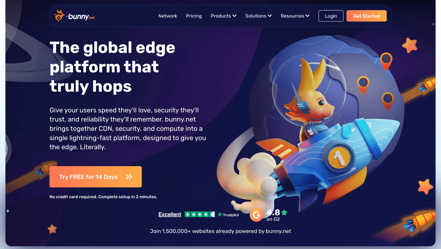 bunny.net homepage promoting its global edge platform for CDN, security, and compute, featuring a cartoon bunny in a rocket and a free trial call-to-action.