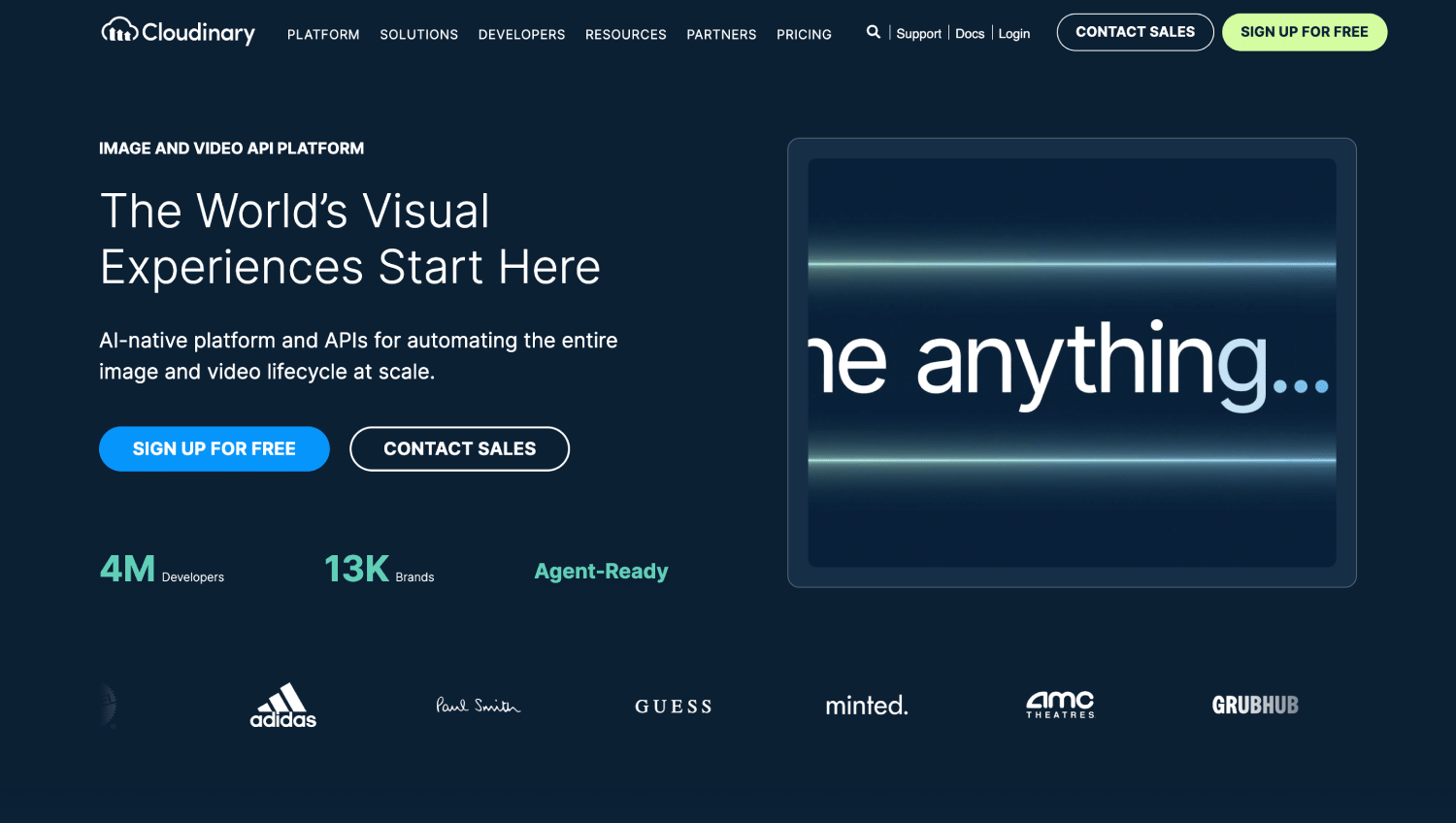 Cloudinary homepage highlighting its AI-native image and video API platform for automating visual media workflows at scale.
