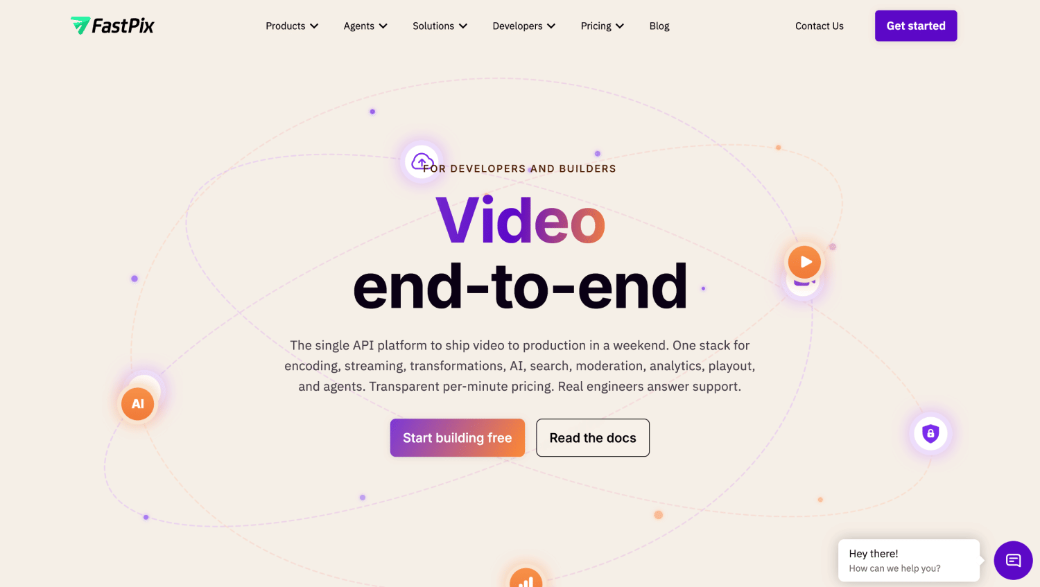 FastPix homepage highlighting its end-to-end video API platform for developers, covering encoding, streaming, AI, analytics, security, and video delivery.
