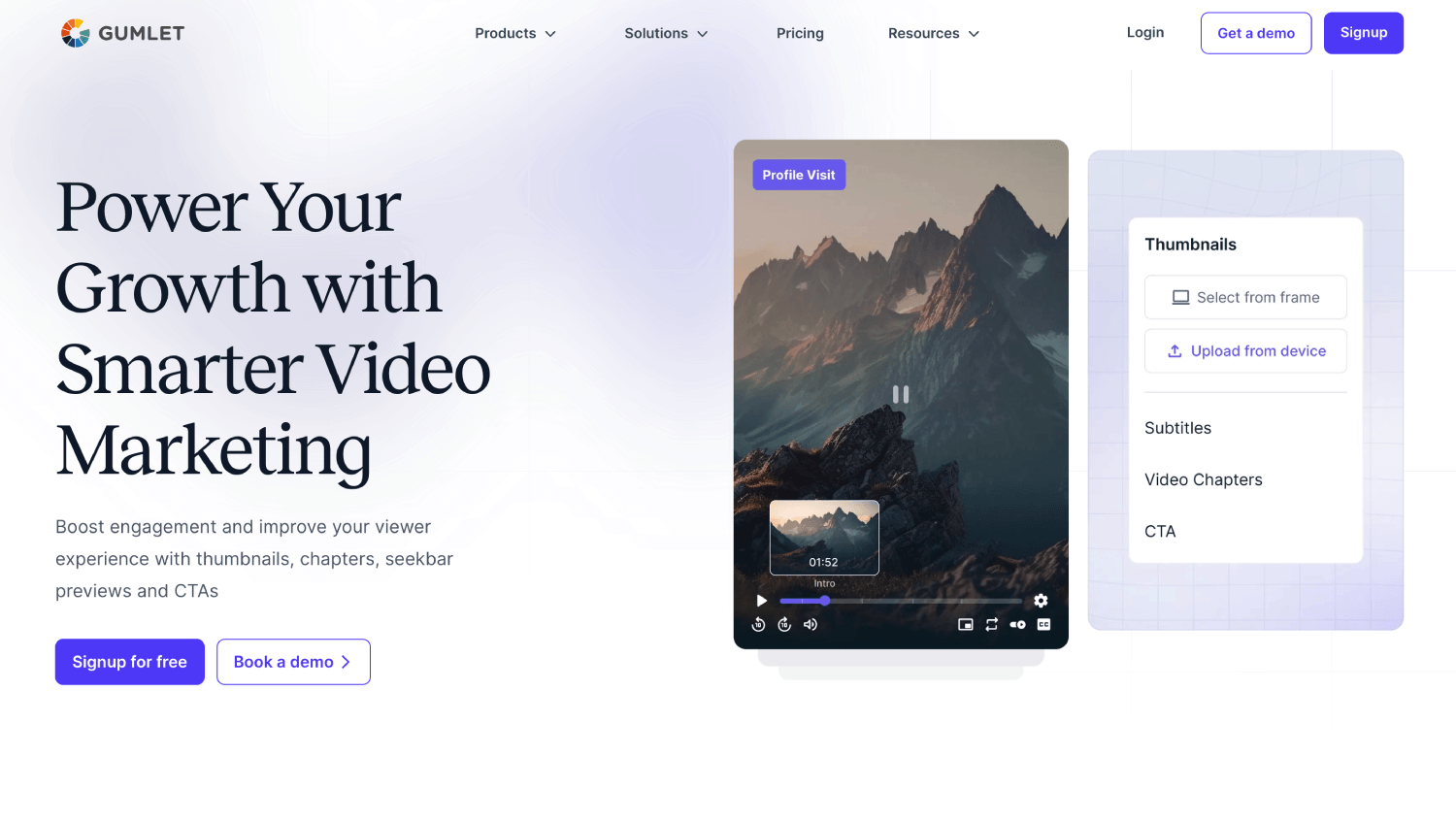 Video performance analytics dashboard showing views, engagement, watch time, click-through rate, audience retention, playback quality, and conversion metrics around a video player.