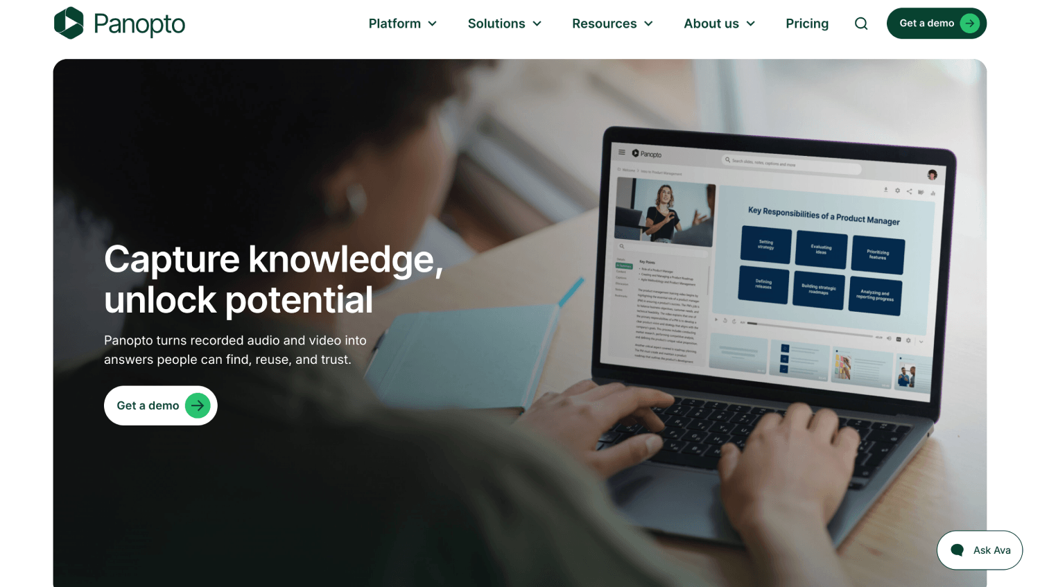 Panopto homepage highlighting its video knowledge platform for capturing, searching, reusing, and sharing recorded audio and video content.