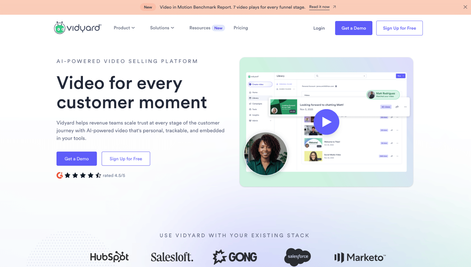 Vidyard homepage highlighting its AI-powered video selling platform for personalized customer engagement, video tracking, and integrations with sales and marketing tools.