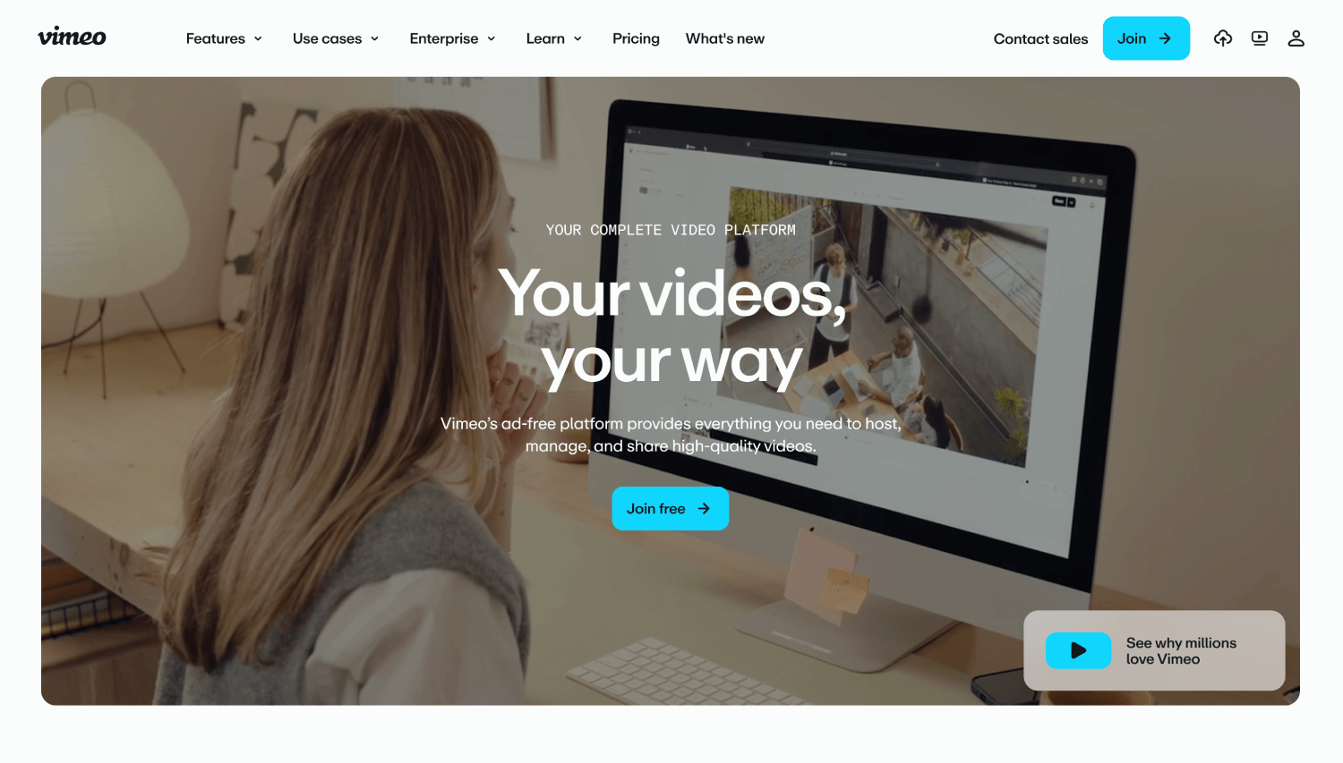 Vimeo homepage highlighting its ad-free video platform for hosting, managing, and sharing high-quality videos.